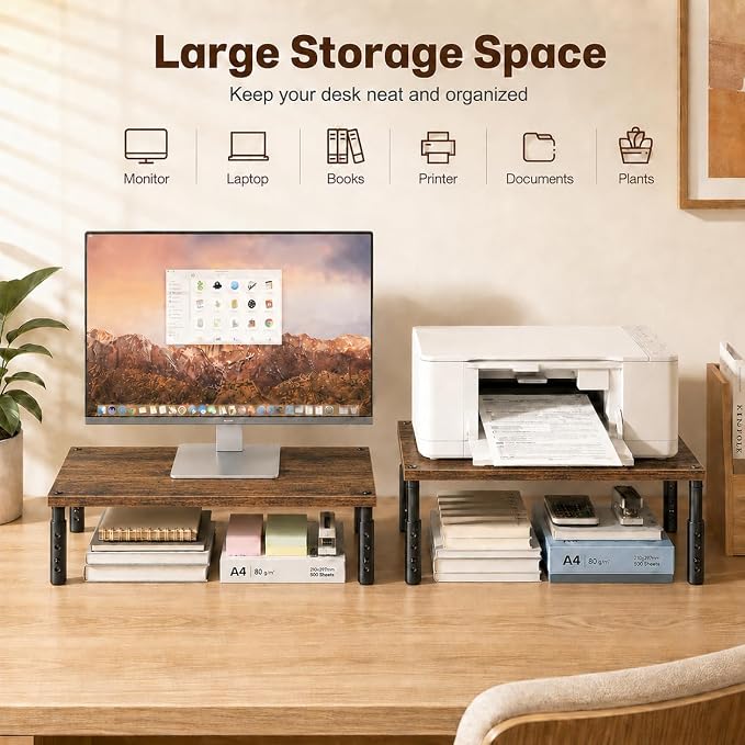 OPNICE Adjustable Monitor Stand Riser for Desk, Computer & Laptop Stand, Desk Organizers and Accessories, Office Desk Accessories & Workspace Organizer for Home Office, Brown Wood 2-Pack - Image 5