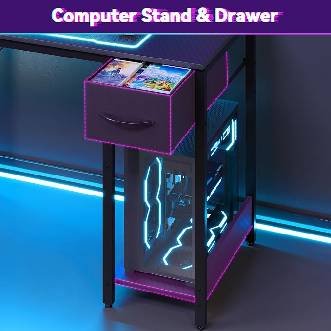 Apicizon L Shaped Gaming Desk 53" with Hutch, LED Light and Drawer | Carbon Fiber Surface, Storage Shelves, Pegboard with Hooks, PC Tower Stand, USB Charging Port, Home Office, Bedroom - Image 6