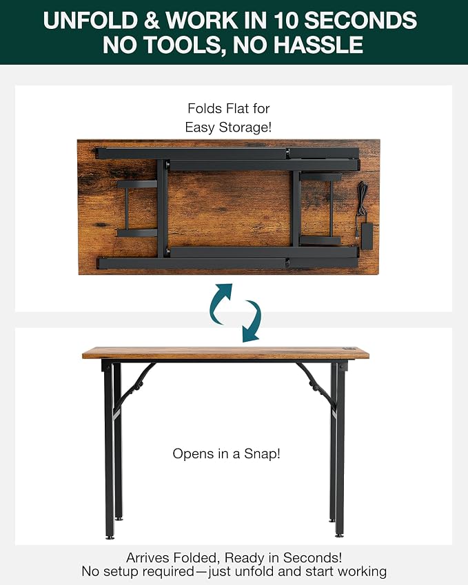 Frylr Small Folding Computer Desk – 43.3 Inch Portable Table for Craft and Study, Lightweight Desk for Small Spaces, Foldable Laptop Table Built-in AC/USB Outlets for Convenience, Rustic Brown - Image 3