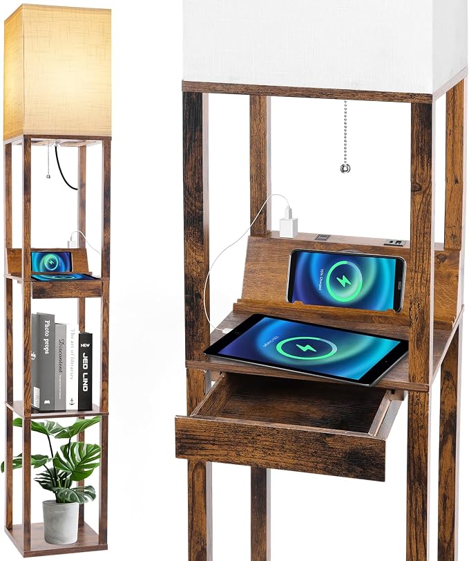 RUNTOP Floor Lamp with Shelves, Shelf Floor Lamp with Wireless Charger & 2 Charging USB Ports & Drawer, AC Outlet, 3 Color Temperature Tall Standing Lamp with Bulb for Living Room, Bedroom, Office by RUNTOP