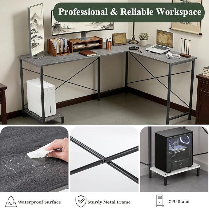L Shaped Desk, 50 Inch Reversible Computer Desk Corner Gaming Table with CPU Stand, Sturdy Metal Frame PC Workstation for Home Office | Storage Bag, Grey Corner Gaming Desk, Sturdy Metal Frame, PC Workstation for Home Office - Image 4