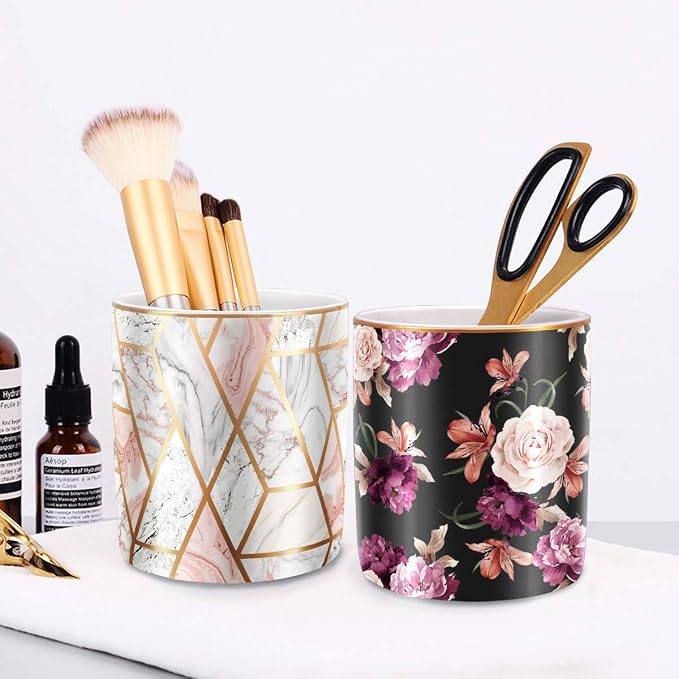 Pen Holder for Desk, Pencil Cup Holder, Cute Floral Makeup Brush Holder Durable Ceramic Flower Design Desk Pencil Organizer for Office, Classroom, Black - Image 6
