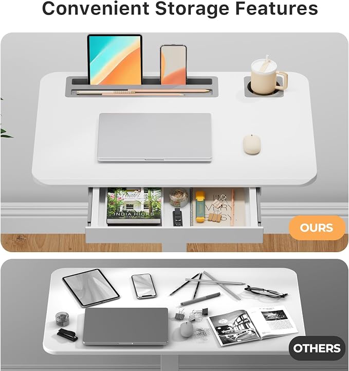 28" Mobile Standing Desk with Drawer, Portable Laptop Desk | Rolling Desk with Cup Holder & Hooks, Height Adjustable Computer Cart on Wheels for Classroom, Study Desk with Storage, White - Image 3