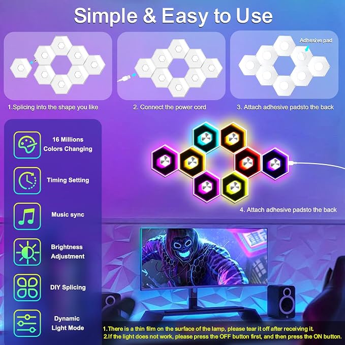 Hexagon LED Lights - 8 Pack Smart APP RGB | Gaming LED Light with Remote Control & Music Sync Honeycomb Shape Hexagon Wall Lights for Bedroom, Gaming Decor - Image 9