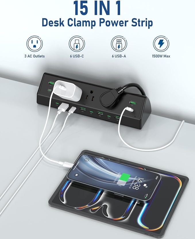 Jgstkcity 90W Desk Clamp Power Strip,12 USB Ports (6 PD 45W USB-C),Surge Protector,ETL Listed Power Hub Extension Cord,Fast Charging Station for Home Office Desk Edge Mount (Black,12 USB-90W) - Image 5
