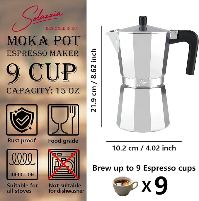 9 Cup Stovetop Espresso Maker Italian Moka Pot, Stove Top Cuban Coffee Maker, Greca Mocha Pot(Basic, 15 oz/450ml) - Image 4