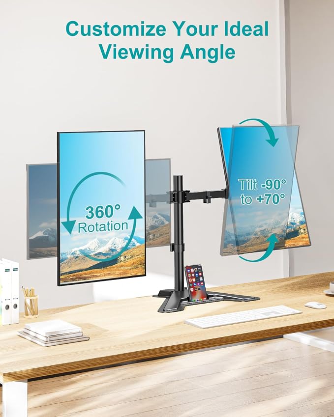 MOUNT PRO Dual Monitor Stand, Free-Standing Full Motion Monitor Desk Mount Fits 2 Screens up to 27 inches,17.6lbs with Height Adjustable, Swivel, Tilt, Rotation, VESA 75x75 100x100, Black - Image 7