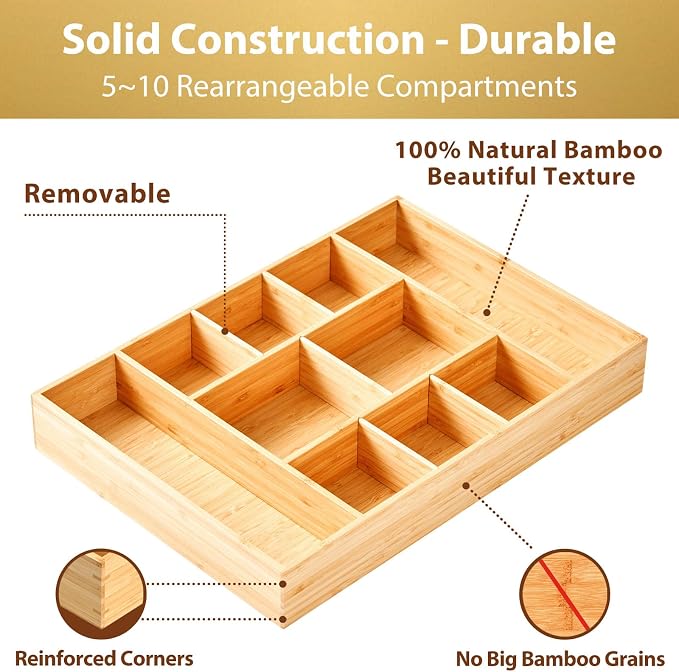 Umilife Extra Large Bamboo Desk Drawer Organizer, Wood Junk Organizer Tray with Adjustable Dividers, Anti-Skip Storage Organization in Office Bathroom Drawer for Vanity, Makeup, 17" x 12" - Image 5