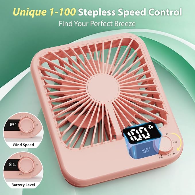 Travel Fan for Sleeping, 4000mAh Portable Pink Fan for Summer Essentials, Small Desk Fan Rechargeable 100 Speed Wind for Beach Fan Travel Essentials Gifts for Women Teens Girl - Image 3