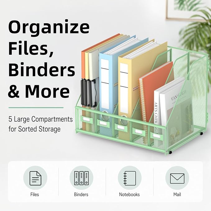 SUPEASY Desk Organizers Metal Desk Magazine File Holder with 5 Vertical Compartments Rack File Organizer for Office Desktop, Classroom, Home Workspace, Green, Plus - Image 5