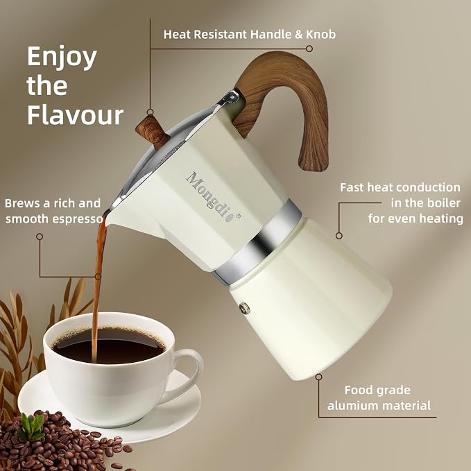Mongdio Stovetop Espresso Maker Moka Pot, Cuban Coffee Maker Stove top coffee maker Moka Italian Espresso Greca Coffee Maker Brewer Percolator, 9 Espresso Cups, 15 oz - White - Image 3