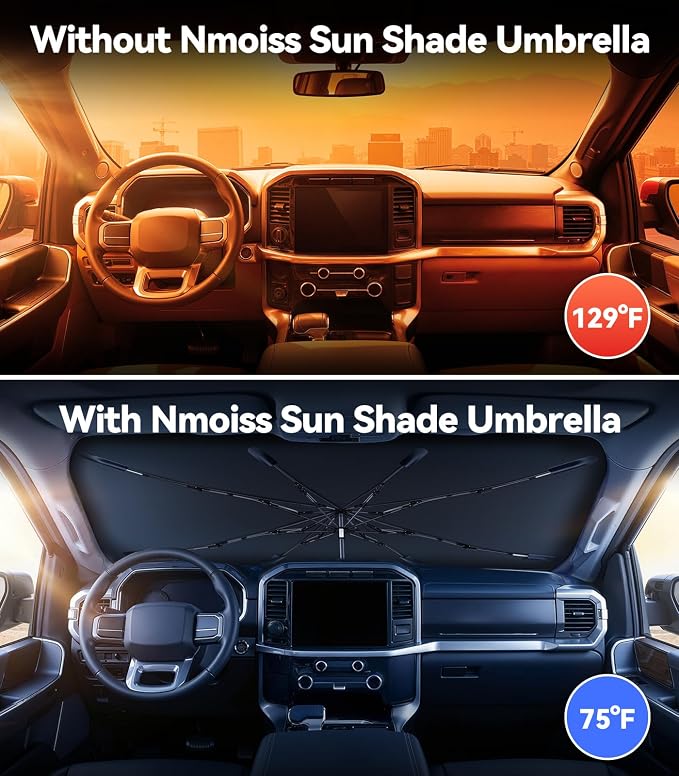 Nmoiss Windshield Sun Shade Umbrella for Ford F150 F250 F350 & Explorer - [Vinyl Coating Heat Shield] Protect Car from Sun Rays & Heat Damage Keep Cool and Protect Interior, Spring Structure Edge - Image 2