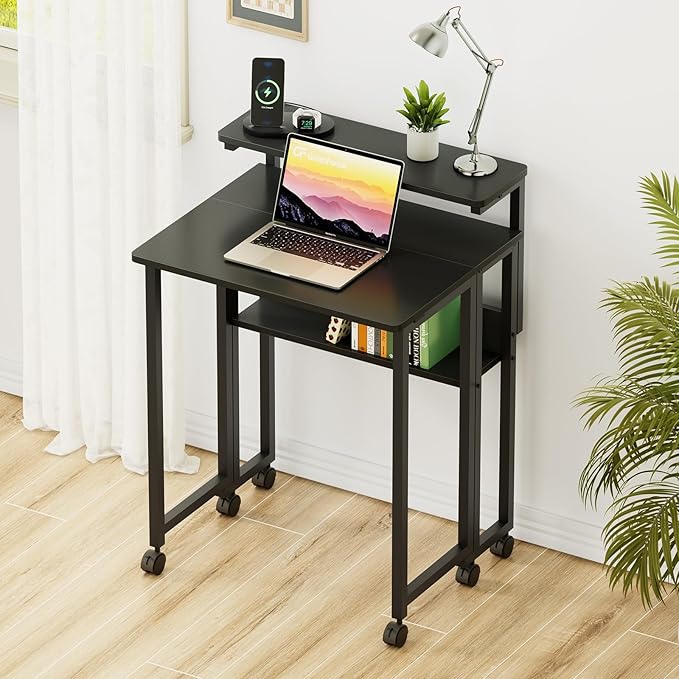 GreenForest Folding Desk with Adjustable Monitor Stand, 24.8 in Small Desk | Storage Shelf, Lockable Wheels, Portable, Space Saving, Mobile Rolling Table for Small Spaces, Home Office, Writing, Black - Image 2