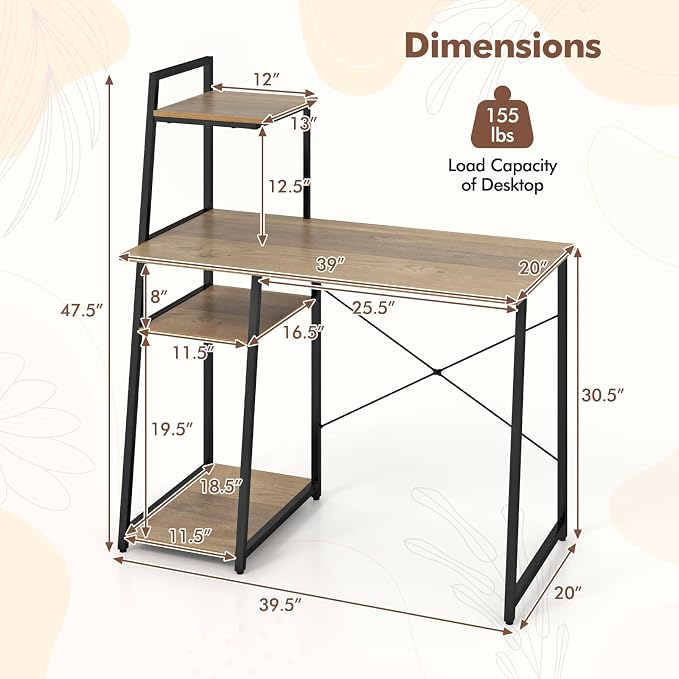 Giantex Computer Desk with Shelves, 47.5” Home Office Desk with Bookshelf, Host Stand, Metal Frame, PC Laptop Workstation, Modern Study Writing Desk for Bedroom, Small Space (Natural & Black) - Image 3