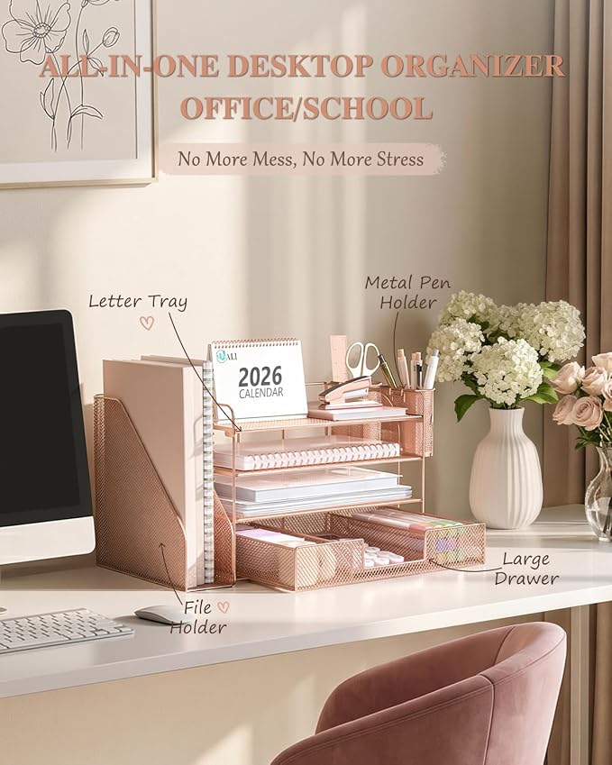 WALI Desk File Organizer, 4 Tier Desktop Paper Letter Tray Organizer with Drawer and 2 Pen Holders, Office Desk Accessories & Workspace Organizers for Office, Home, School Supplies, 1 Pack, Rose Gold - Image 2