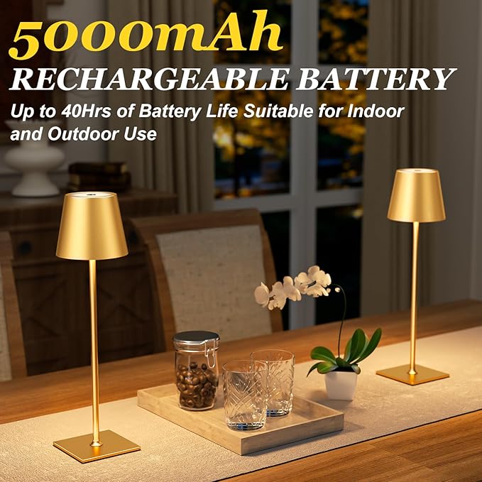 Kakanuo Gold Cordless Rechargeable Table Lamp 5000mAh Battery Operated Lamps, 3 Colors Stepless Dimming Touch Lamp for Living Room, Kitchen Counter, Dining, Outdoor Patio, 2 Pack - Image 3