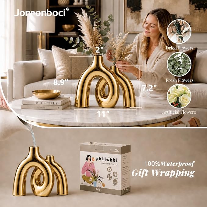 Hug Donut Decorative Vase Set - Golden Modern Classic Transitional Style Vases Home Decor, Matte Ceramic Decorations for Living Room Shelf, Bookshelf Mantle Entryway Table or Console Décor (Gold) - Image 4