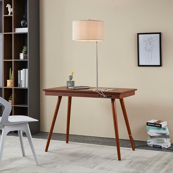 FENLO Future 39" Mid Century Desk for Home Office, Office Desk with USB Charging Station, Mid Century Modern Desk with Wireless Charging, USB, and USB-C Ports, Walnut - Image 2