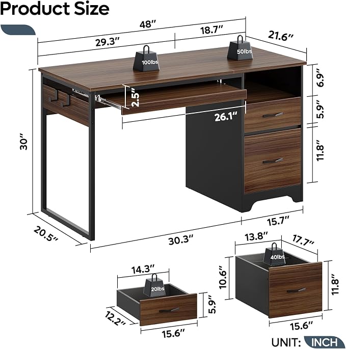 Bestier 48” Computer Desk with Drawers, Office Desk with Storage, Industrial Wood Writing Desk with File Drawer, Keyboard Tray & 2 Hooks for Home Office & Studio, Cherry - Image 3