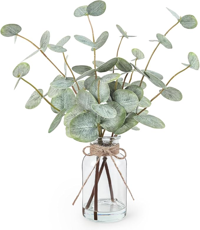 Bessol Artificial Eucalyptus Stems in Glass Vase with Faux Water, 13.5" Fake Plants for Home Decor, Coffee Table Centerpieces, Office, Bathroom & Farmhouse Weddings - Faux Greenery Plants Decorations by Bessol