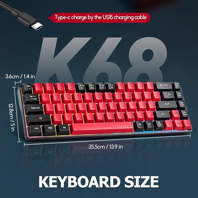 Wired Portable 60% Mechanical Feeling Gaming Keyboard,RGB LED Backlit Compact 68 Keys Mini Wired Office Keyboard for Windows Laptop PC Mac Gamer, Typist, Travel on Business Trip- Red and Black - Image 5