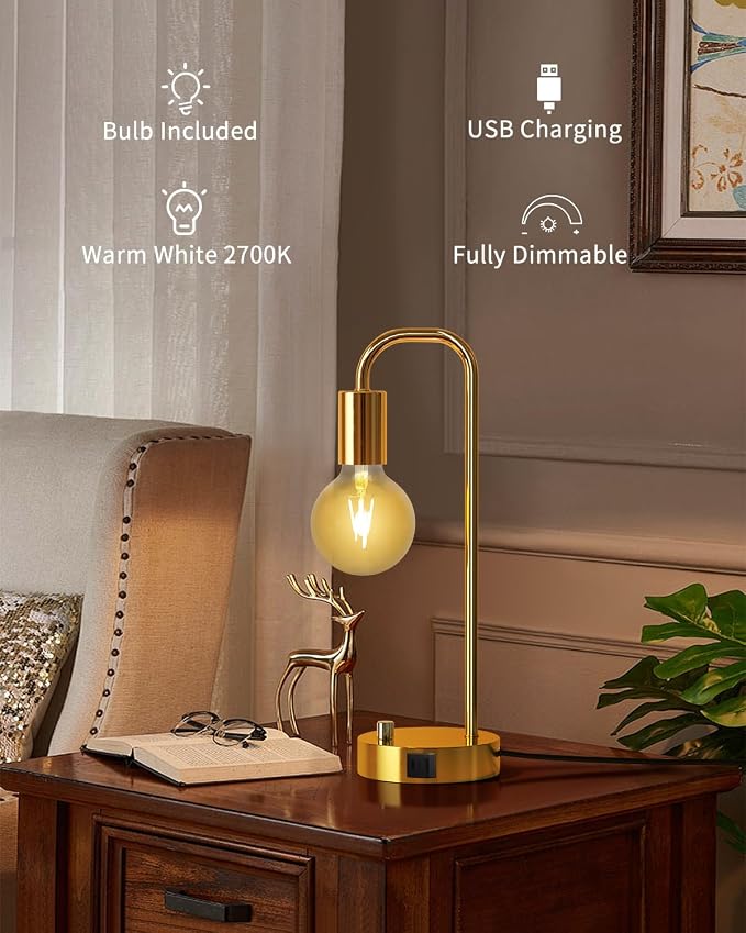 ONEWISH Industrial Table Lamp with 2 USB Port, Stepless Dimmable Nightstand Bedside Lamps for Bedroom,Desk Lamps with 2700K Gold Gradient Bulb for Reading Living Room - Image 4