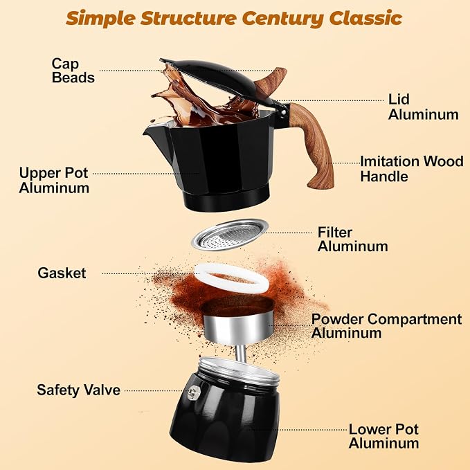 3 Cup Aluminum Moka Pot Classic Stovetop Espresso Coffee Maker 150ml 5oz Coffeemaker Percolator Mocha Pot Greca Coffee Maker Cafe Makers for Italian and Cuban Café Brewing Black - Image 3