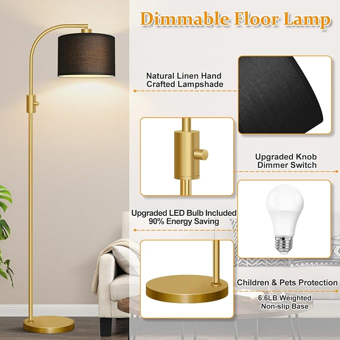 Nintiue Upgraded Modern Arc Dimmable Tall Standing Floor Lamp with Black Shade, 1200 Lumens LED Bulb Included, for Living & Reading Room, Bedroom, Office & Nursery, Gold - Image 4