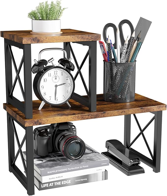HavenlyYouth Desk Shelf, 2 Tier Wood Desktop Bookshelf, Adjustable Freestanding Stackable Desk Organizer, Desktop Shelf Organizer Storage Rack, Desk Display Rack for Office, Home, Rustic by HAVENLYYOUTH