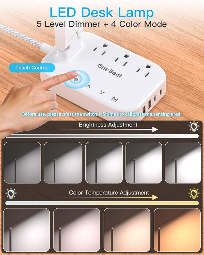 One Beat Small LED Desk Lamp Power Strip 5ft Extension Cord with 3 Outlets 4 USB Ports(2 USB C), 4 Modes, 5 Level Touch Lamp Study Reading Light, Home Office Bedroom College Dorm Room Essentials,White | One Beat 4 Modes 5 Level Brightness Touch Lamp, S... - Image 3