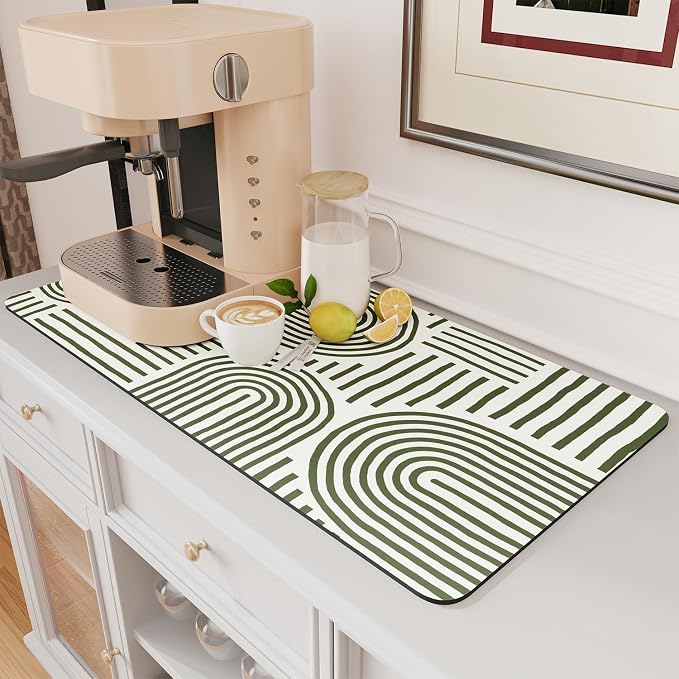 AMOAMI Coffee Mat Hide Stain Rubber Backed Absorbent Dish Drying Mat for Kitchen Counter - Fits Under Coffee Maker or Machine - Green Line 17x31.5 by AMOAMI