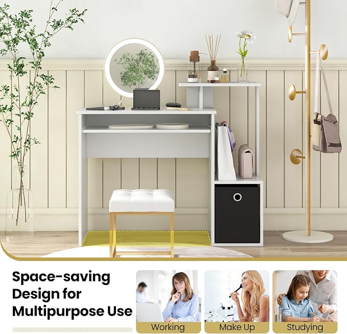 Tangkula Computer Desk with Fabric Drawer & Keyboard Tray, Space-Saving Study Writing Desk with Open Storage Shelves & Printer Stand, Modern Home Office Computer Workstation for Small Spaces (White) - Image 8