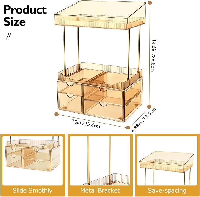SNSLXH 4-Tier Clear Makeup Organizer Bathroom Storage Amber | 4 Drawers Cosmetics Organiser, Ideal for Countertop, Bathroom, Office, Dresser, for Cosmetics, Skincare, Perfume, Lipstick - Image 2