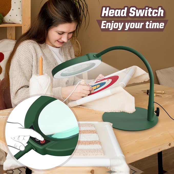 10X Magnifying Glass with Light and Stand, 5 Color Modes Stepless Dimmable LED Lighted Desk Lamp, Hands Free Flexible Gooseneck Magnifier with Light for Craft Hobby Painting Close Work - Green - Image 5