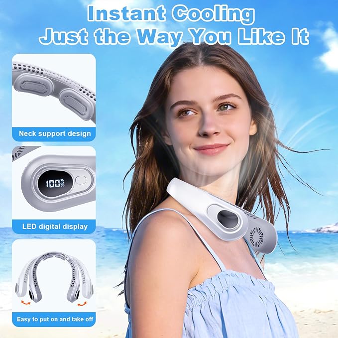 Portable Neck Fan Rechargeable - [with LED Display] 5 Speeds, 5000 mAh Battery Operated Wearable Personal Cooling Bladeless Fan for Outdoor Travel, Gifts for Men Women Kids,Gray - Image 2