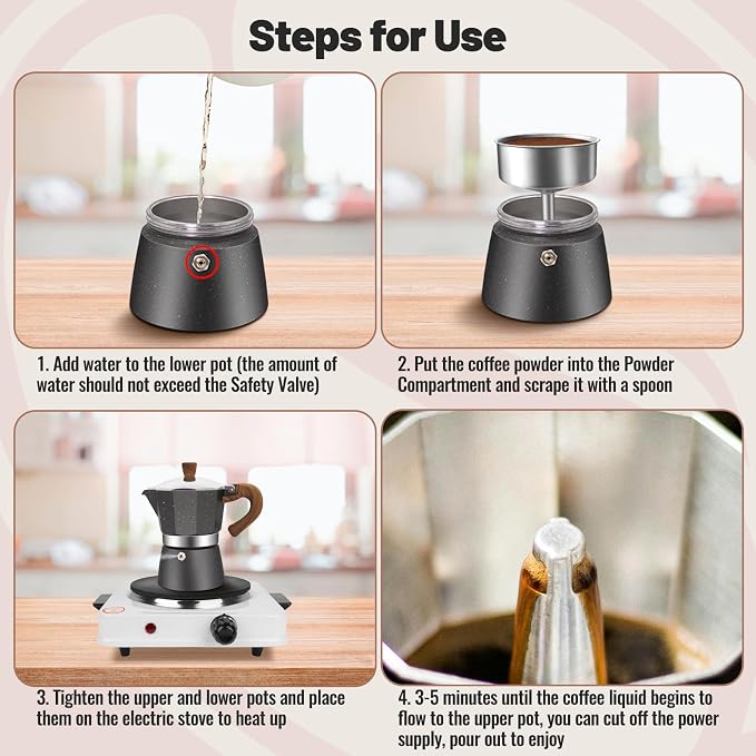 6 Cup Aluminum Moka Pot Classic Stovetop Espresso Coffee Maker 300ml 10oz Coffeemaker Percolator Mocha Pot Greca Coffee Maker Cafe Makers for Italian and Cuban Café Brewing Gray - Image 8