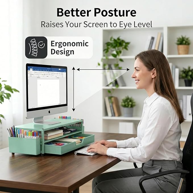 ECOLOVI Desk Organizer and Accessories, 2-Tier Computer Monitor Stand Rise with Storage Drawer & 2 Pen Holders, Laptop & Printer Stand for Desktop, Workspace Organizers for Office Supplies (Green) - Image 4