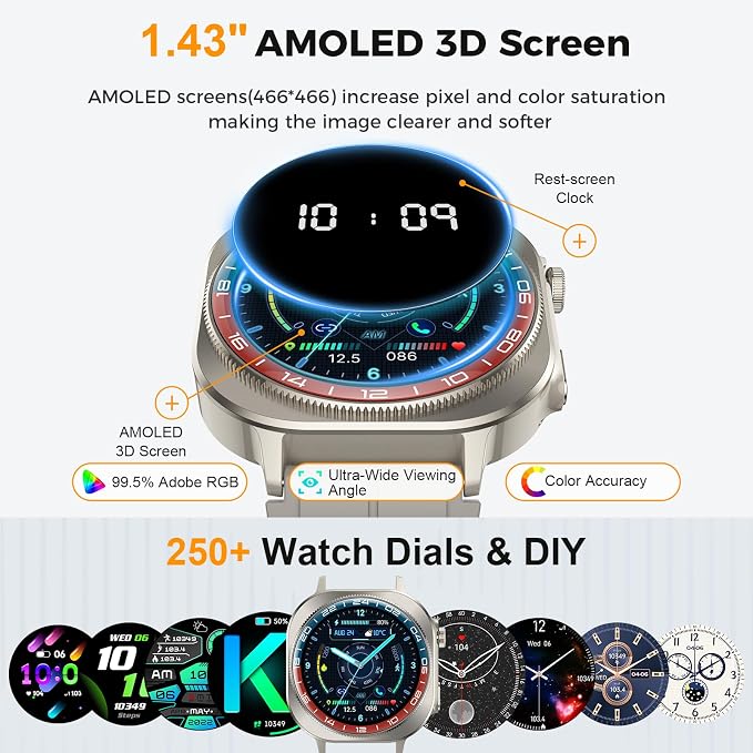 Smart Watch (Answer/Make Call), 1.43" AMOLED-3D Military Smartwatch for Men Women, Flashlight/130+ Sports/60 Days, Heart Rate/Sleep Monitor, IP68 Waterproof Fitness Activity Tracker for Android iOS - Image 2