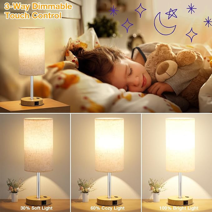 Dicoool 17.4" Bedside Lamp for Bedroom - Dimmable Touch, USB A+C, AC Outlet | LED Bulb Included, 3-Way Dimmable, 17.4" Table Lamp for Guest Room, Living Room, Fabric Lampshade, Wood-Grain Metal Base - Image 3