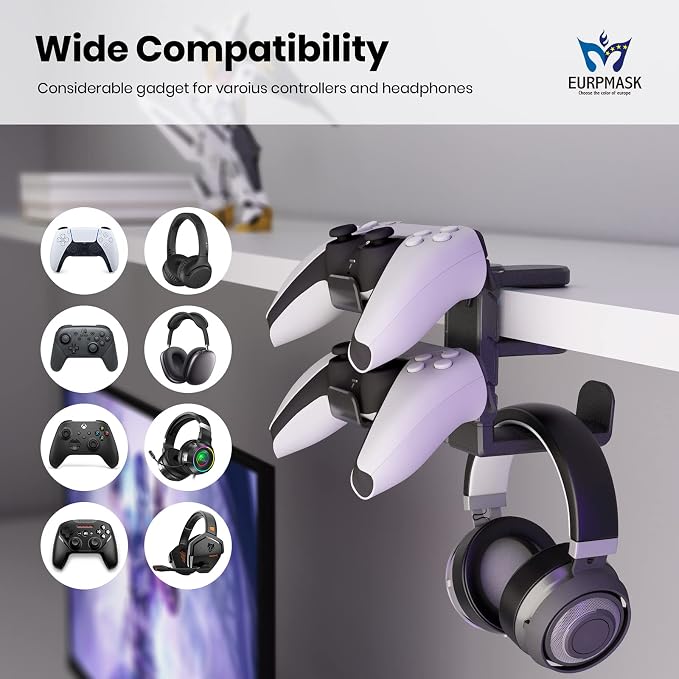 3-in-1 Headset&Controller Holder - EURPMASK Upgraded PC Gaming Headset Stand, Adjustable Clamp-on Headphone Holder,Headphone Controller Hook Under Desk w/ 360 Degree Swivel&Cable Clip Organizer-Black - Image 3