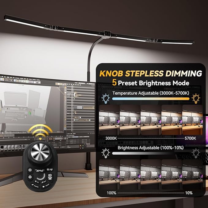 Adjustable LED Desk Lamp with Clamp, 4-Head Eye-Caring CRI95+ Desk Light, Stepless Dimming & Color Temp Remote Control, Flexible Neck, 5-Mode for Reading, Computer, Crafting, 90" Wide Desk Coverage - Image 2