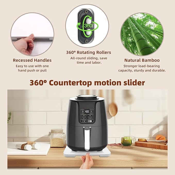 360° Rolling Tray Bamboo Appliance Slider for Kitchen Appliances | Kitchen Appliances Sliding Tray for Coffee Maker Appliances Mat Easily from Under The Cabinet White(13.9"×9.4") - Image 4