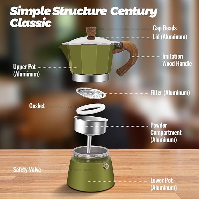 9 Cup Aluminum Moka Pot Classic Stovetop Espresso Coffee Maker 450ml 15oz Coffeemaker Percolator Mocha Pot Greca Coffee Maker Cafe Makers for Italian and Cuban Café Brewing Green - Image 3