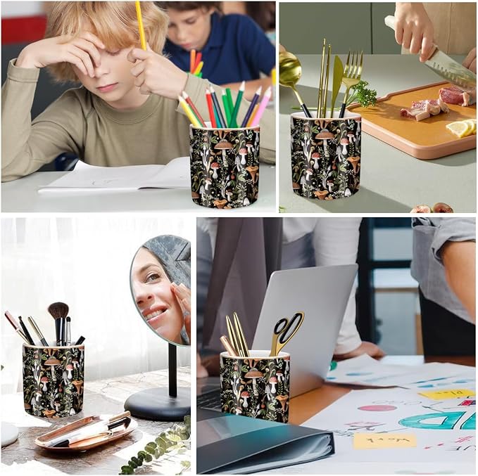 Pen Pencil Holder for Desk, Ceramic Pen Cup Cute Makeup Brush Holder, Unique Desk Multifunctional Pens Organizer for Home, Office, Mushrooms Pattern - Image 2