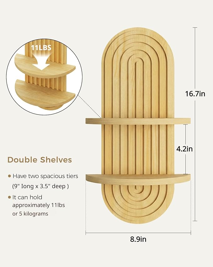 Bamworld Boho Wall Decor 2pcs Plant Wall Shelf, Mid Century Modern Decor Hanging Plant Shelf, 2-Tier Wooden Floating Shelves for Home, Bathroom Bedroom Living Room Holding Planter Decoration Natural - Image 2