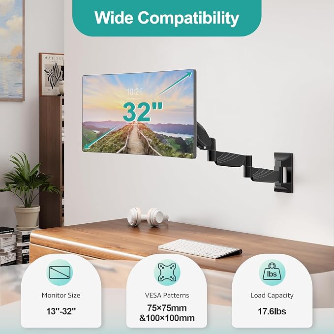 MOUNT PRO Monitor Wall Mount for 13 to 32 inch Computer Screen, Extra Long Adjustable Single Wall Mount Monitor Arm, Full Motion Vesa Wall Bracket 100x100, Hold up to 17.6lbs, Black - Image 3