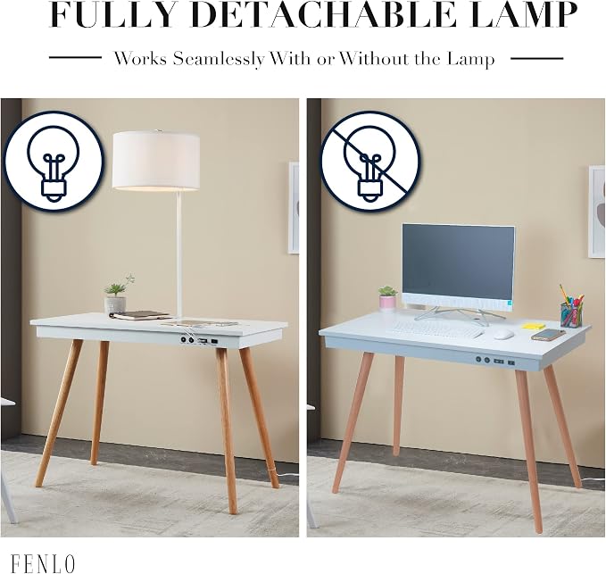 FENLO Future 39" Mid Century Modern Desk for Home Office, Office Desk with USB Charging Station, Wireless Charging, USB, USB-C Ports, White - Image 5