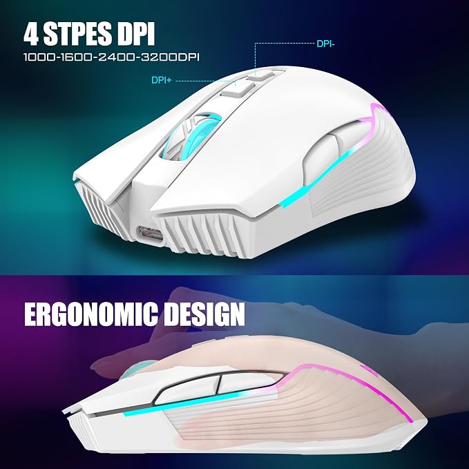 RedThunder K10 Wireless Gaming Keyboard and Mouse Combo, RGB Backlit Rechargeable 3800mAh Battery, Mechanical Feel Anti-ghosting Keyboard + 7D 3200DPI Mice for PC Gamer(White Pudding) - Image 6