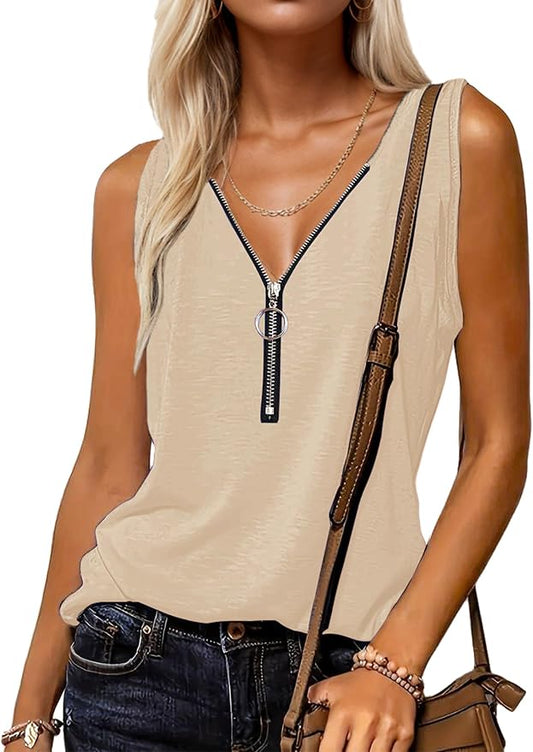 Halife Womens Half Zip V Neck Tank Tops Summer Sleeveless Shirts Casual Loose Top Blouses T Shirts by Halife