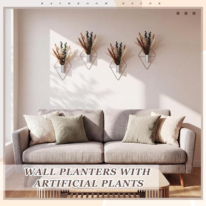 Jexine 8 Pcs Hanging Planters with Artificial Pampas Metal Hanging Vase Indoor Plants Holder Modern Geometric Boho Bathroom Wall Decor for Living Room Home Office(Chrome Silver) - Image 4